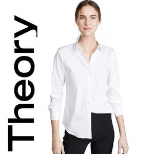 Theory Luxe Button Down White Collared Blouse Top size large